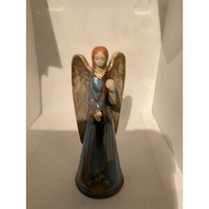 Hand-Painted Ceramic Angel Figurine With Blue Dress & Golden Accents